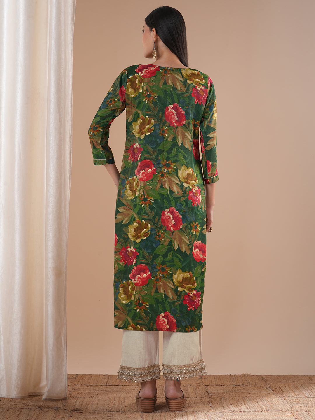 Ethnic Floral Printed & Embroidered Straight Fit Kurta - Green