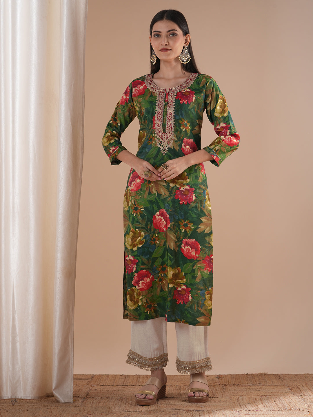 Ethnic Floral Printed & Embroidered Straight Fit Kurta - Green