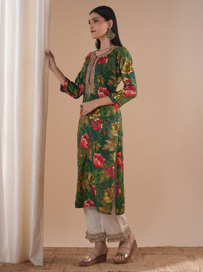 Ethnic Floral Printed & Embroidered Straight Fit Kurta - Green