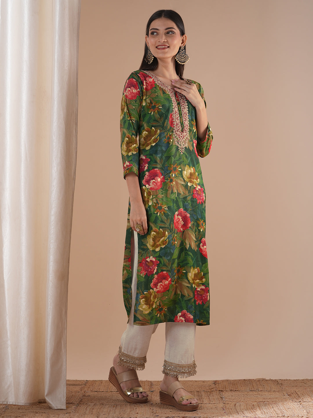 Ethnic Floral Printed & Embroidered Straight Fit Kurta - Green