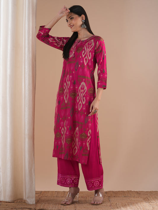 Ethnic Ikat Printed & Embroidered Straight Fit Kurta - Pink