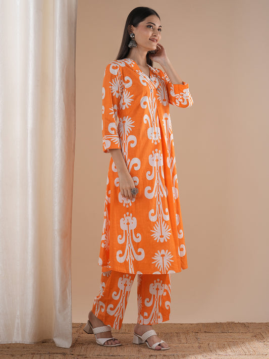 Ethnic Ikat Printed A-line Paneled Co-ord Set - Orange