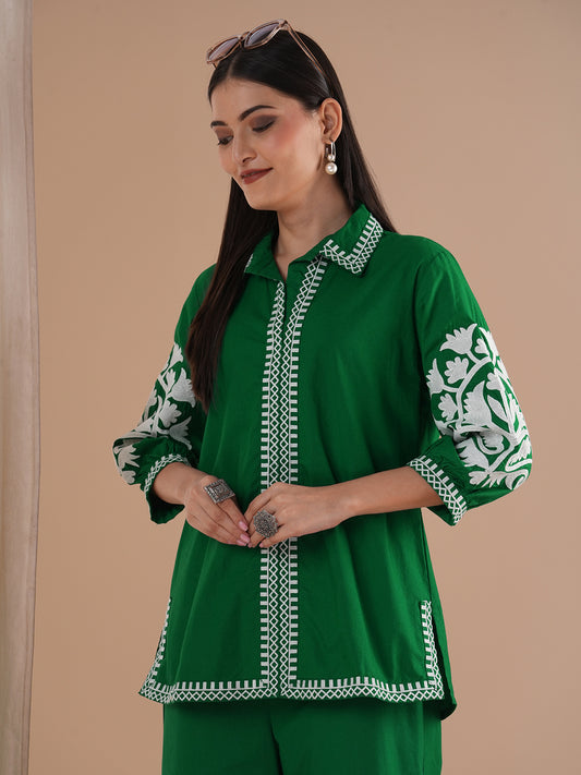 Solid Ethnic Floral Thread Embroidered Straight Fit Co-ord Set - Green