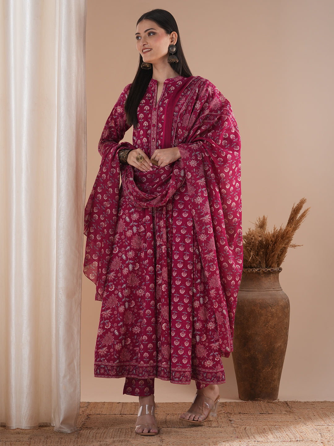 Ethnic Floral Printed Anarkali Kurta with Pant and Dupatta - Red