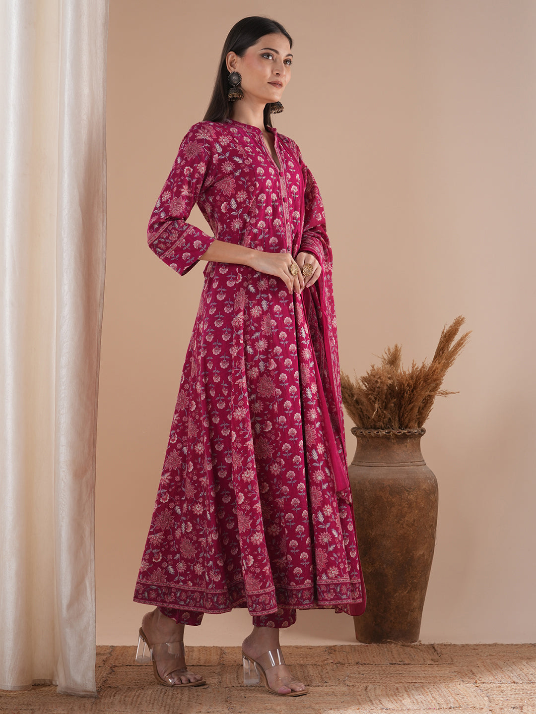 Ethnic Floral Printed Anarkali Kurta with Pant and Dupatta - Red