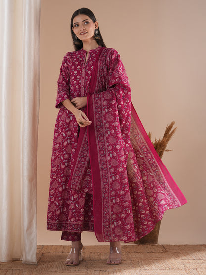 Ethnic Floral Printed Anarkali Kurta with Pant and Dupatta - Red