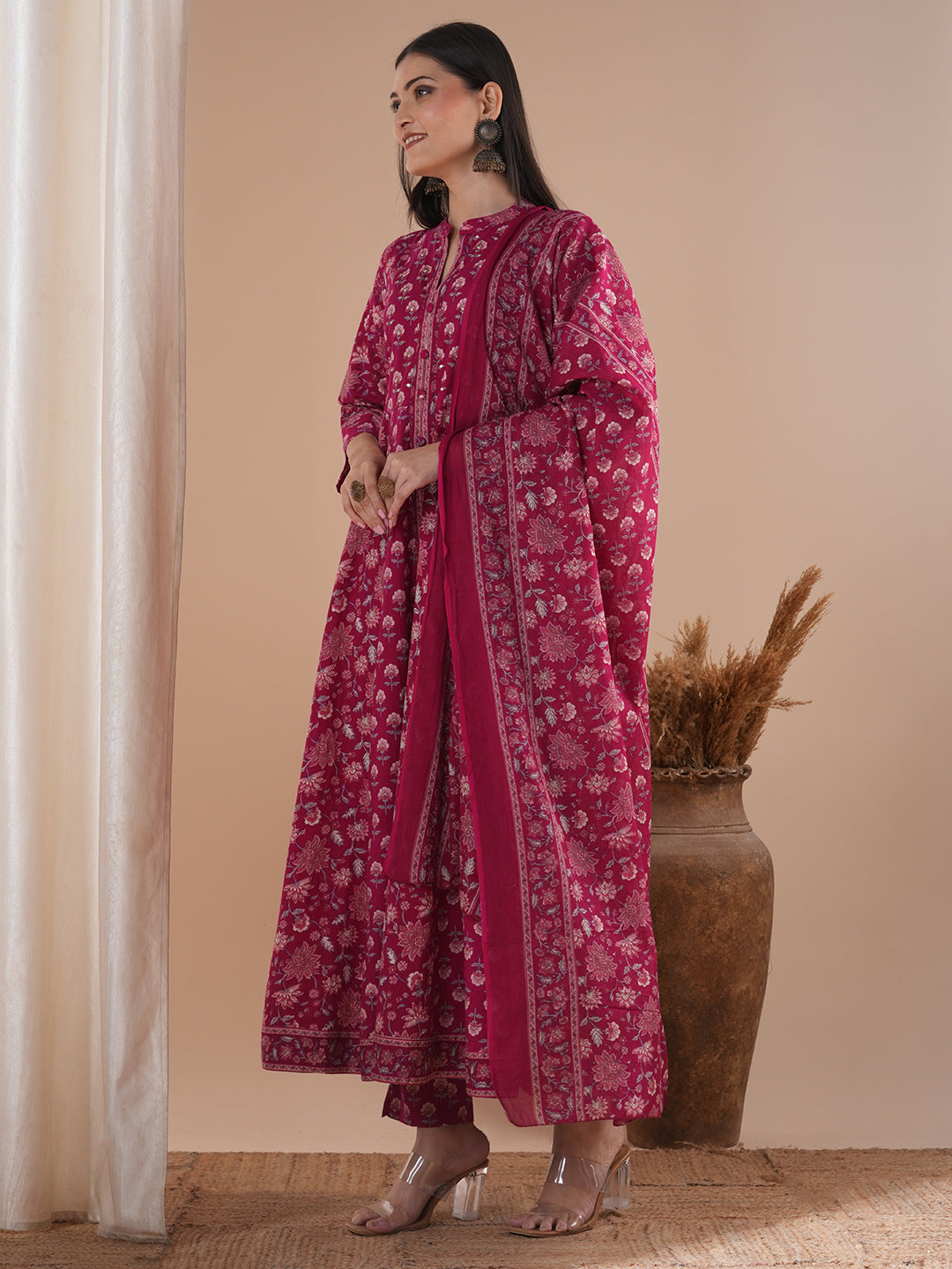 Ethnic Floral Printed Anarkali Kurta with Pant and Dupatta - Red