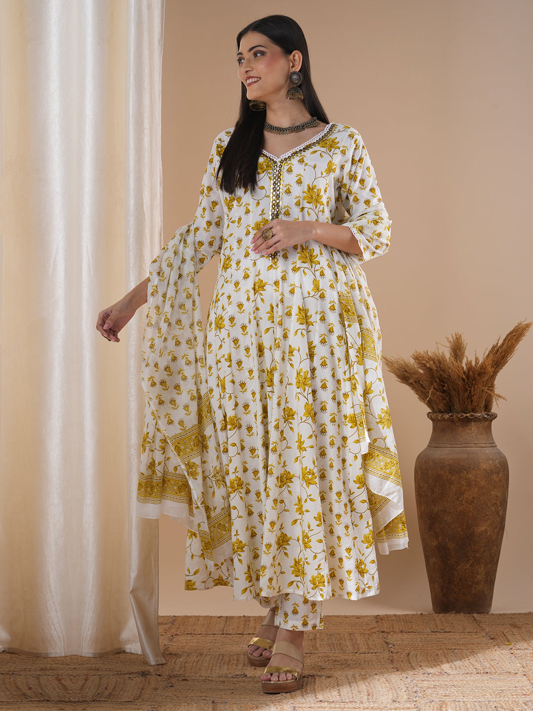 Ethnic Floral Printed Embroidered Anarkali Flared Kurta with Pant and Dupatta - White