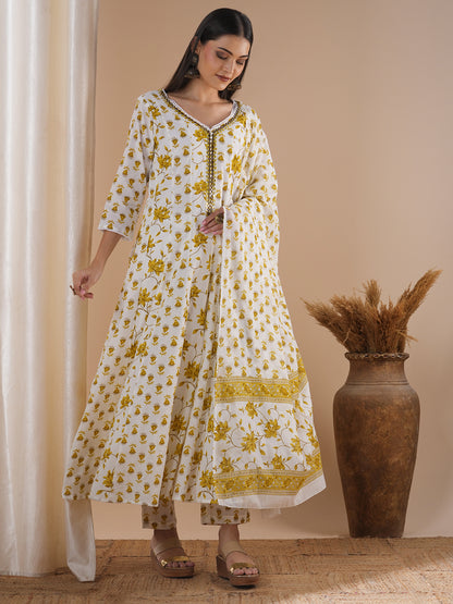 Ethnic Floral Printed Embroidered Anarkali Flared Kurta with Pant and Dupatta - White