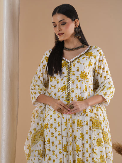 Ethnic Floral Printed Embroidered Anarkali Flared Kurta with Pant and Dupatta - White