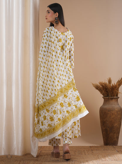 Ethnic Floral Printed Embroidered Anarkali Flared Kurta with Pant and Dupatta - White