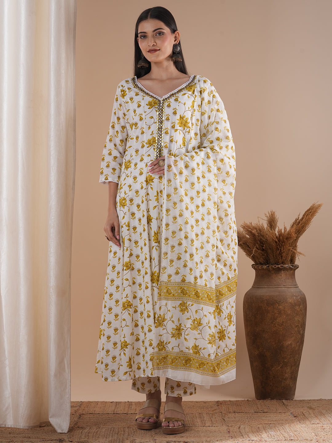 Ethnic Floral Printed Embroidered Anarkali Flared Kurta with Pant and Dupatta - White