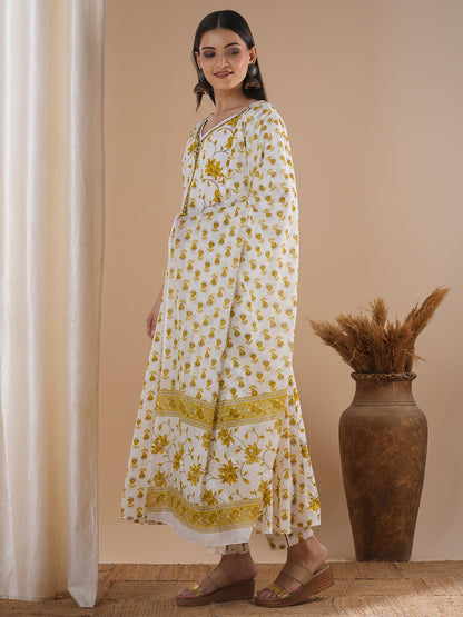 Ethnic Floral Printed Embroidered Anarkali Flared Kurta with Pant and Dupatta - White