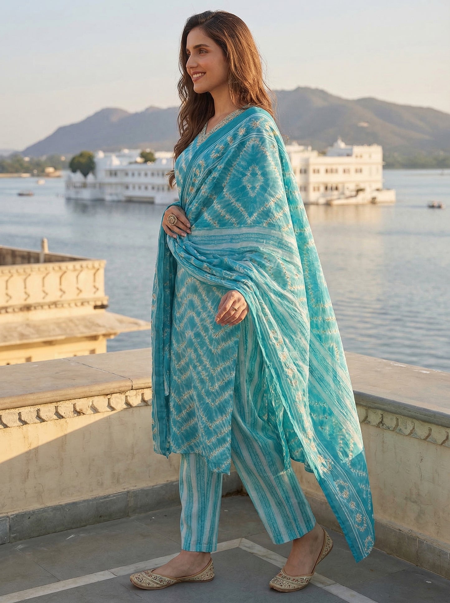 Ethnic Chevron Printed & Embroidered Straight Kurta with Pant & Dupatta - Turquoise Blue