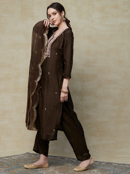 Solid Zardozi Embroidered Kurta with Pants & Sequins Embroidered Dupatta - Brown