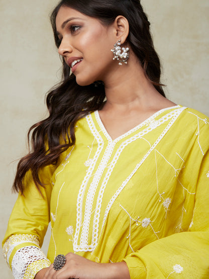 Solid Resham Embroidered Crochet Lace Kurta with Pants & Embroidered Dupatta - Yellow