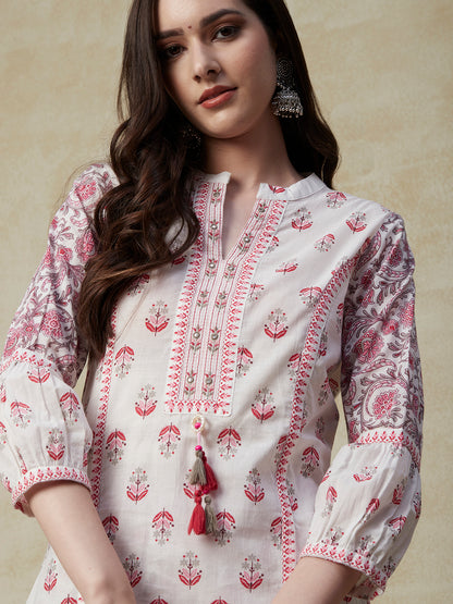 Floral Printed Mirror Embroidered Paneled Kurta with Pants & Floral Dupatta - White & Pink