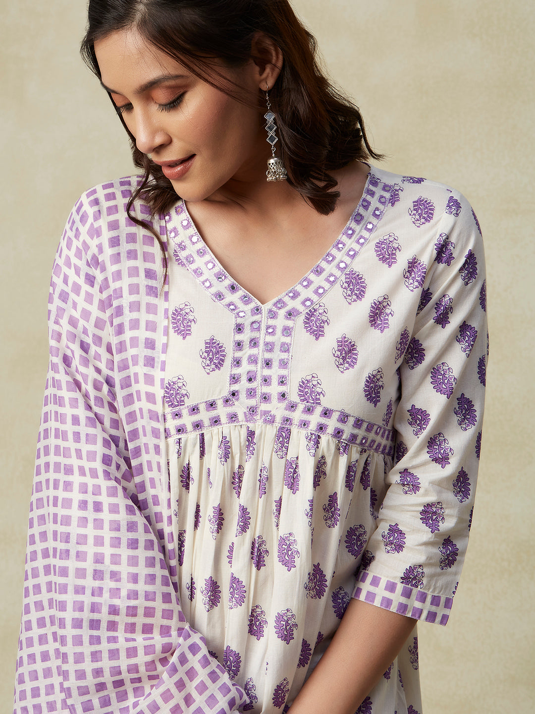 Ethnic Printed & Embroidered A-Line Kurta with Pant & Cotton Mulmul Dupatta - Off White