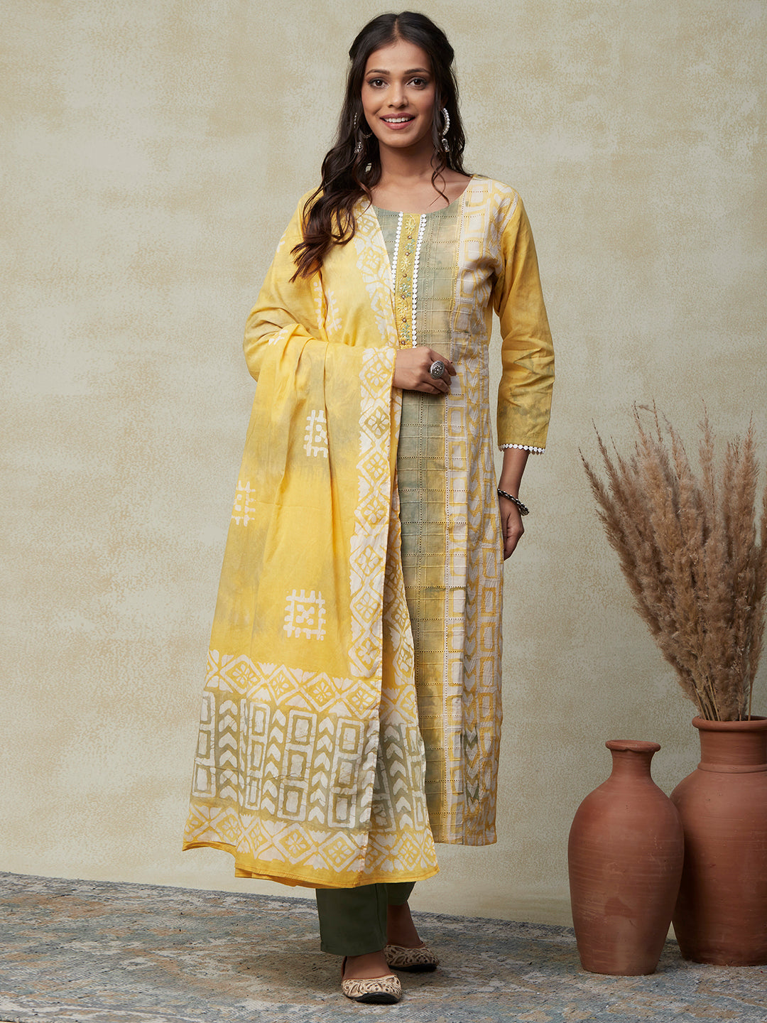 Abstract Batik Printed Resham Embroidered Schiffili Kurta with Pants & Batik Printed Dupatta - Yellow & Green