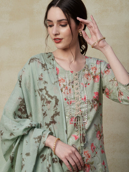 Floral Printed Crochet Lace & Gota Lace Embellished Mul-Cotton Kurta with Pants & Dupatta - Pista Green