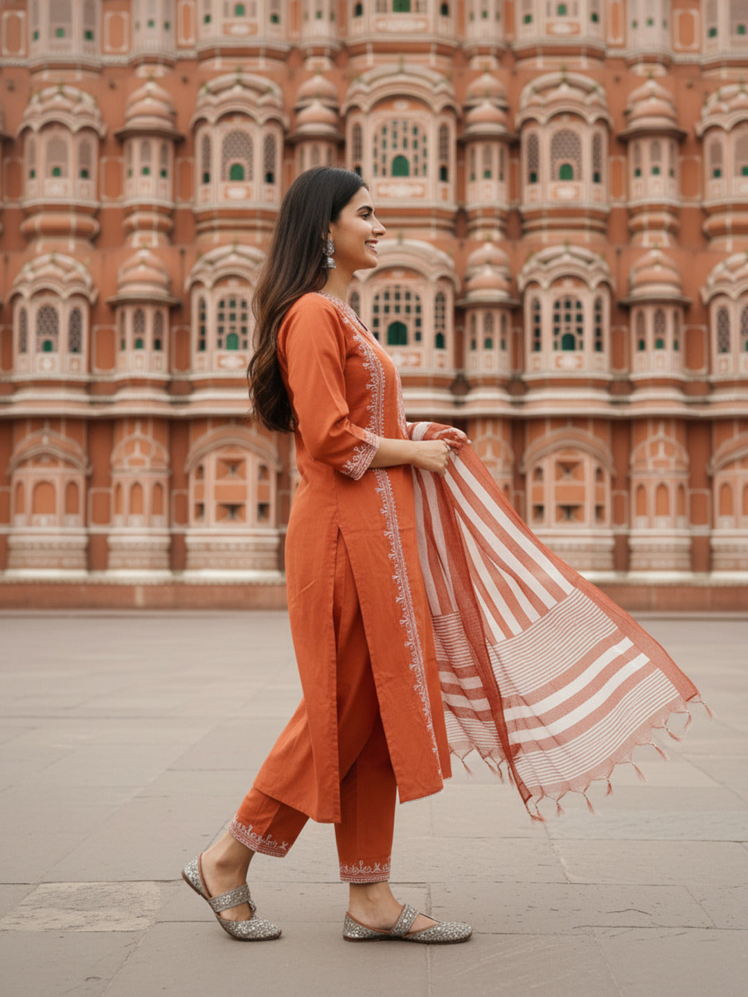Solid Embroidered Straight Kurta with Palazzo & Dupatta - Rust