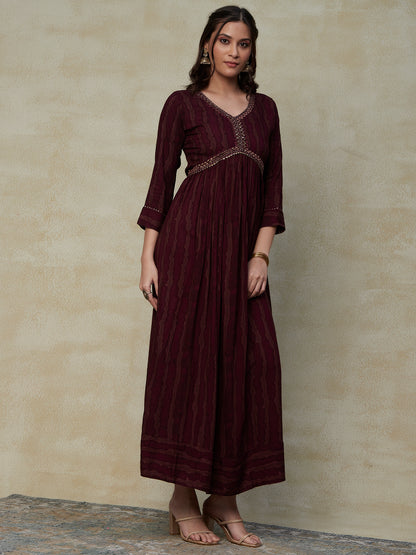 Abstract Printed Mirror & Resham Embroidered Gathered Waist Maxi Dress - Burgundy
