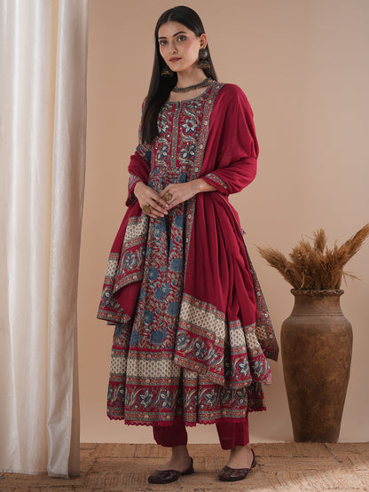 Floral Printed & Embroidered Anarkali Kurta with Pant & Dupatta - Red