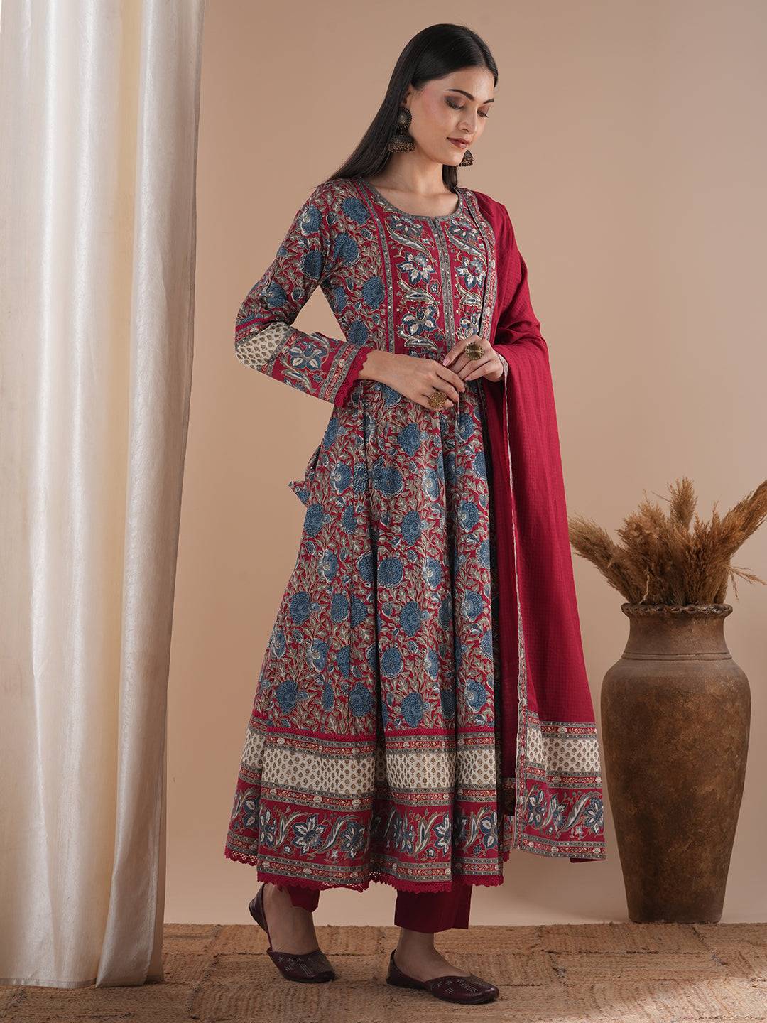 Floral Printed & Embroidered Anarkali Kurta with Pant & Dupatta - Red