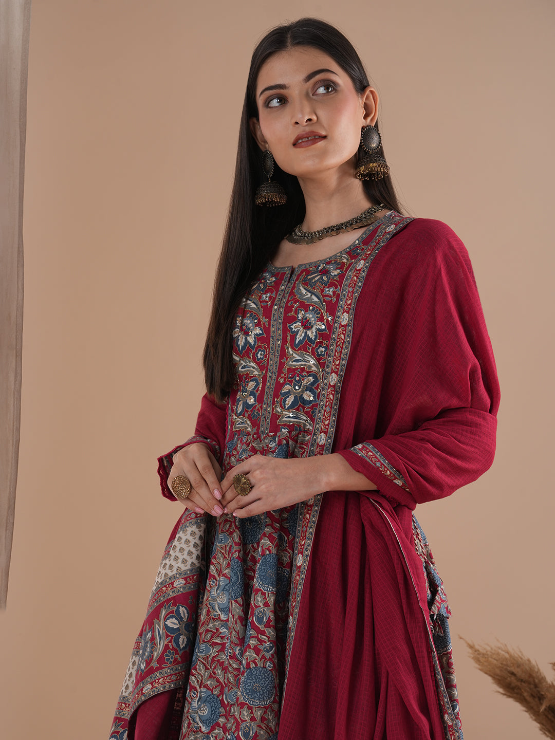 Floral Printed & Embroidered Anarkali Kurta with Pant & Dupatta - Red