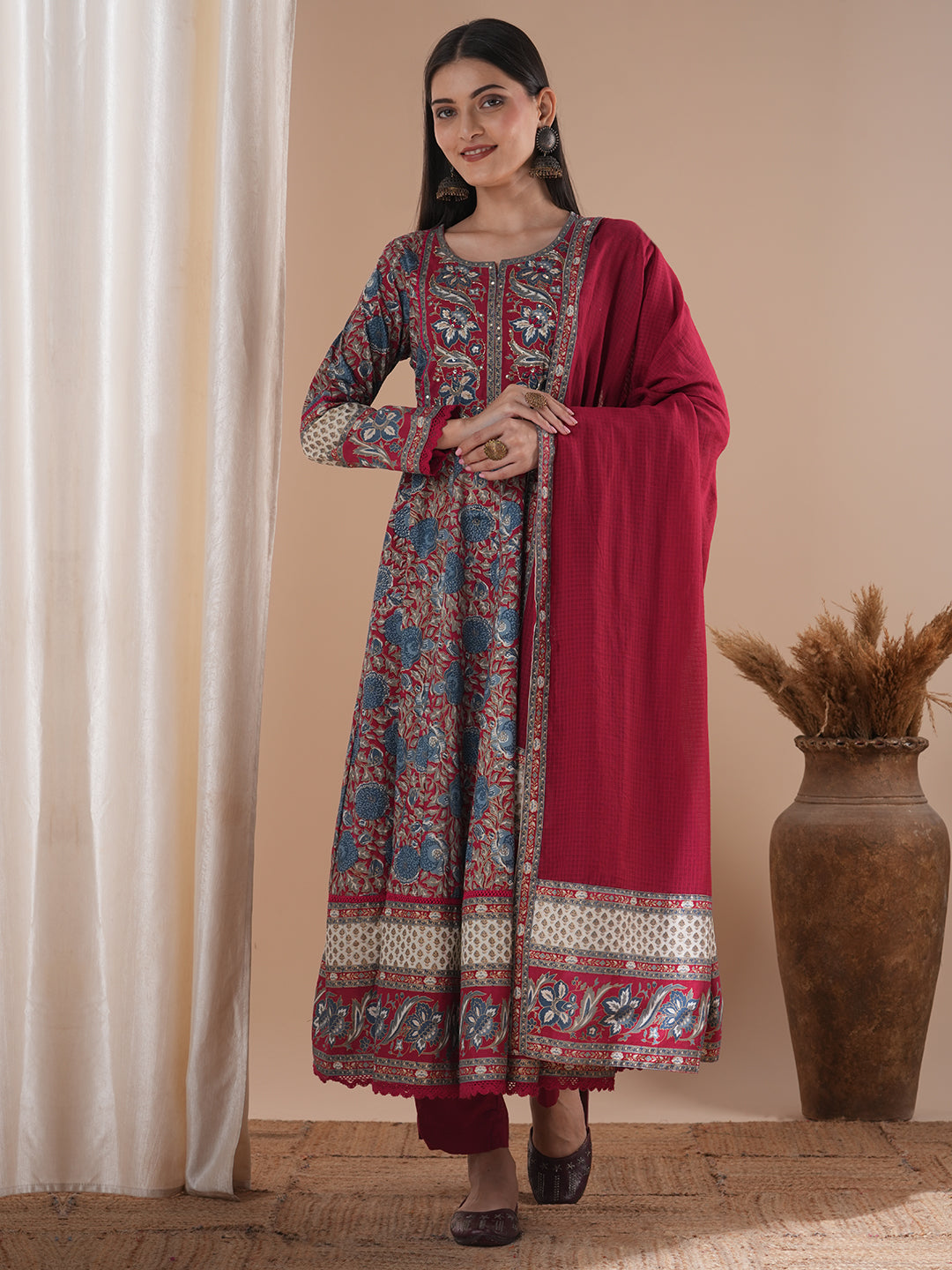 Floral Printed & Embroidered Anarkali Kurta with Pant & Dupatta - Red