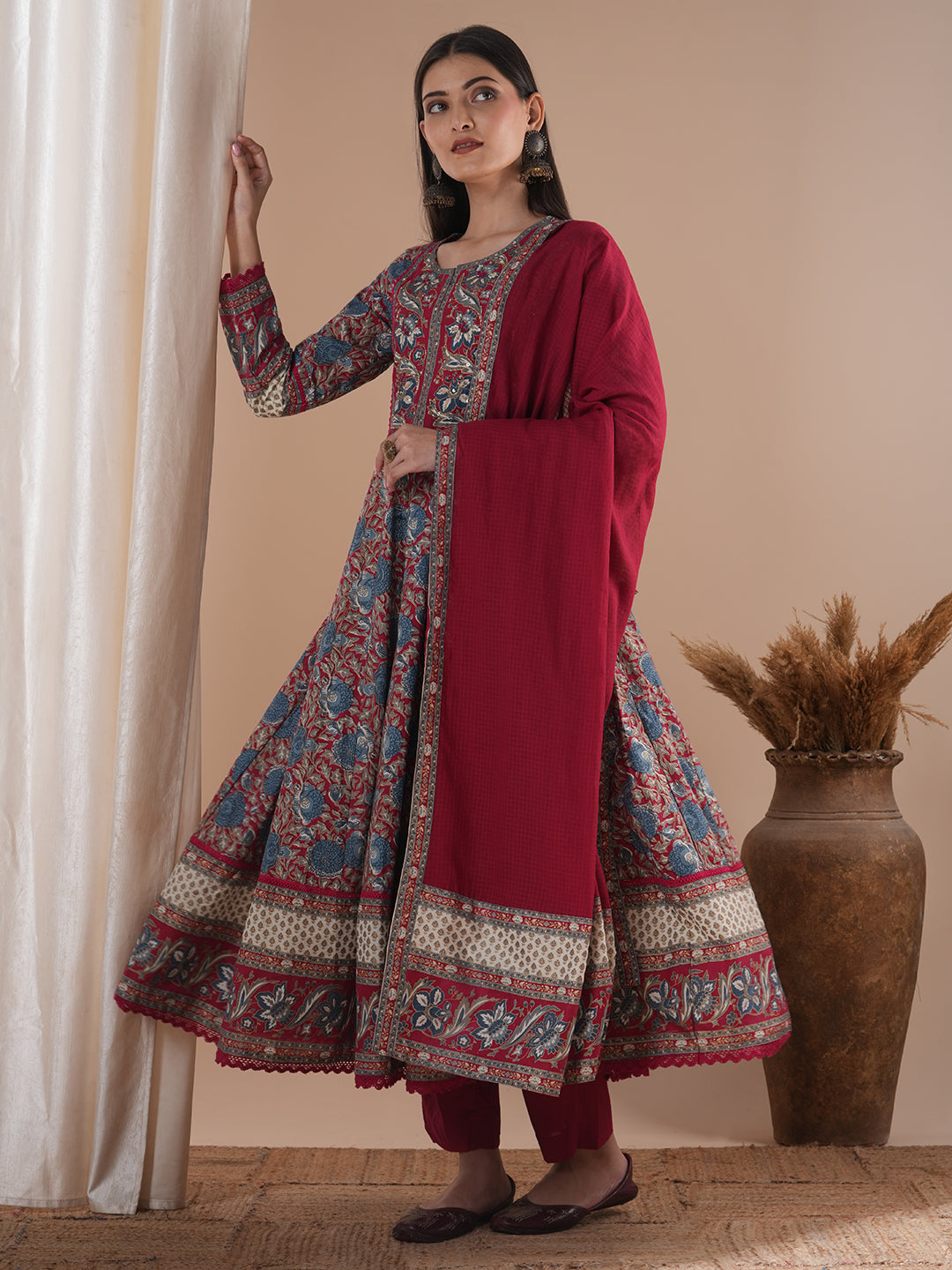 Floral Printed & Embroidered Anarkali Kurta with Pant & Dupatta - Red