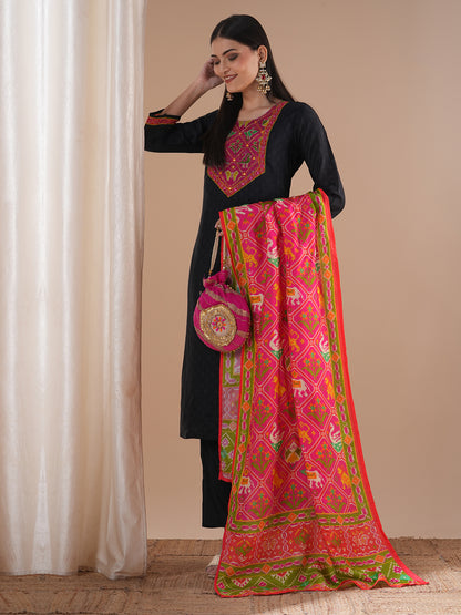 Ethnic Animal Printed & Embroidered Straight Kurta with Pant & Dupatta - Black