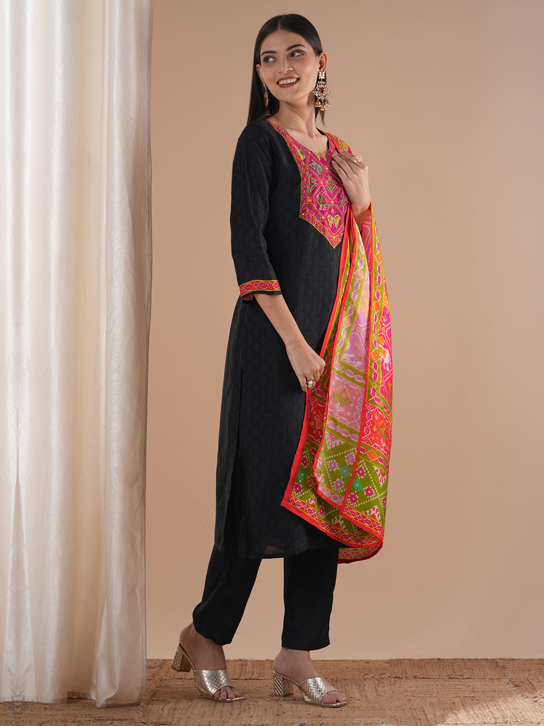 Ethnic Animal Printed & Embroidered Straight Kurta with Pant & Dupatta - Black