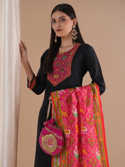 Ethnic Animal Printed & Embroidered Straight Kurta with Pant & Dupatta - Black