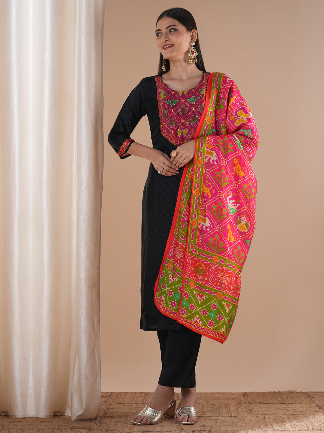 Ethnic Animal Printed & Embroidered Straight Kurta with Pant & Dupatta - Black