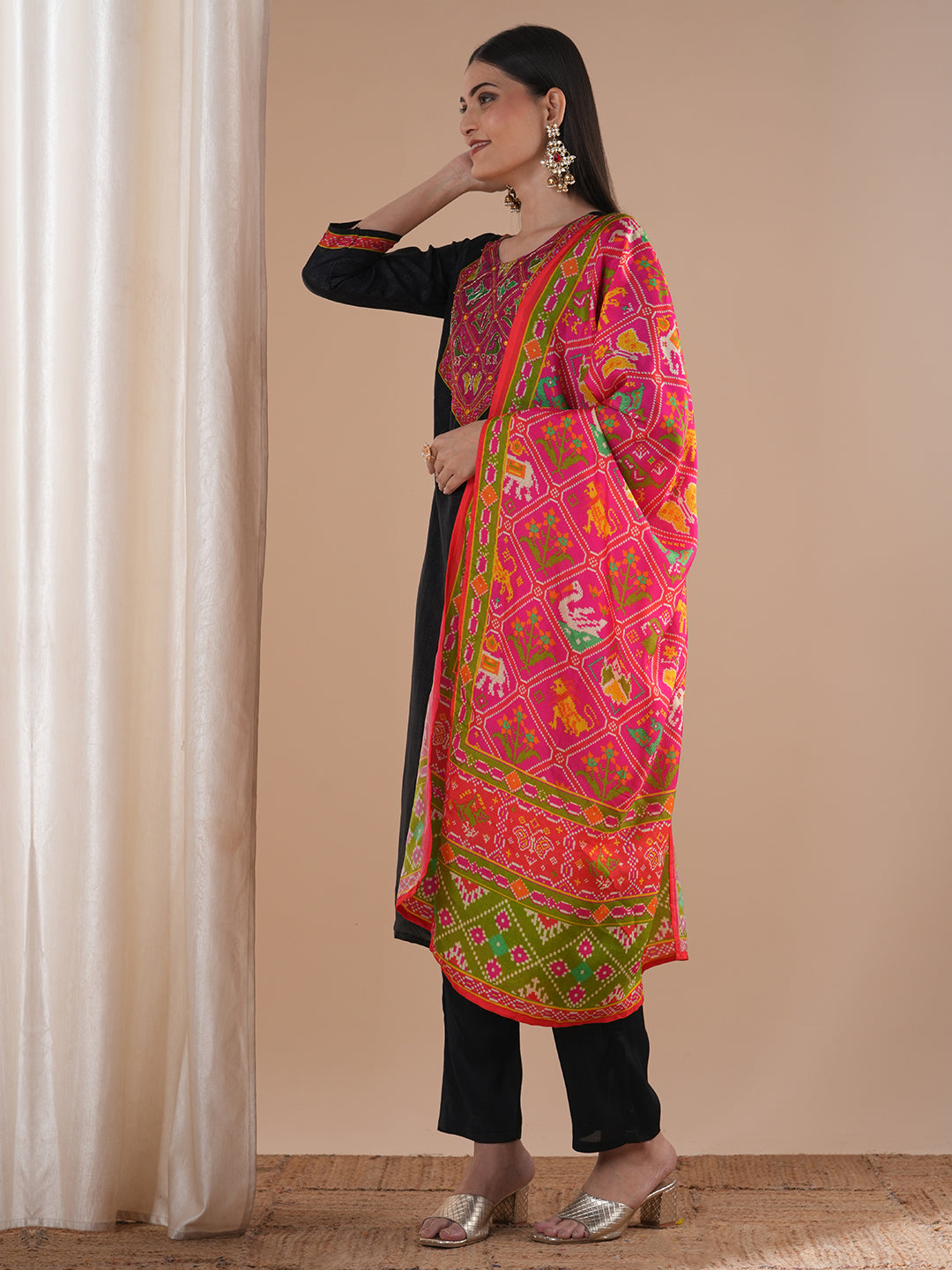 Ethnic Animal Printed & Embroidered Straight Kurta with Pant & Dupatta - Black