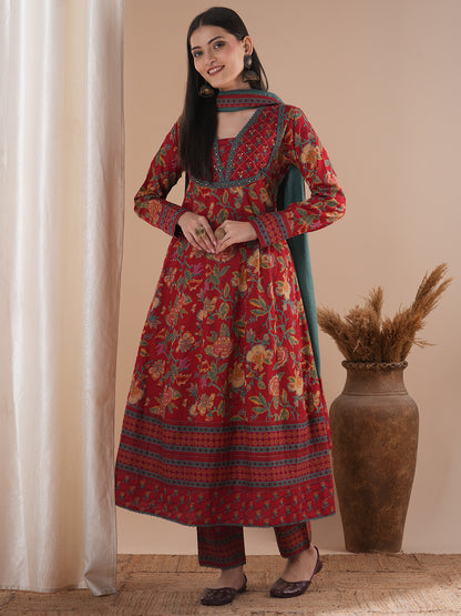 Ethnic Floral Printed Embroidered Anarkali Flared Kurta with Pant and Dupatta - Red