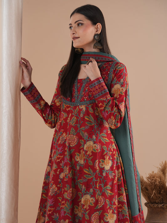 Ethnic Floral Printed Embroidered Anarkali Flared Kurta with Pant and Dupatta - Red