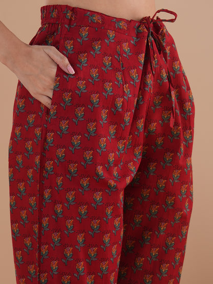 Ethnic Floral Printed Embroidered Anarkali Flared Kurta with Pant and Dupatta - Red
