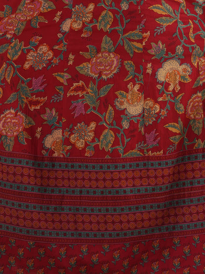 Ethnic Floral Printed Embroidered Anarkali Flared Kurta with Pant and Dupatta - Red
