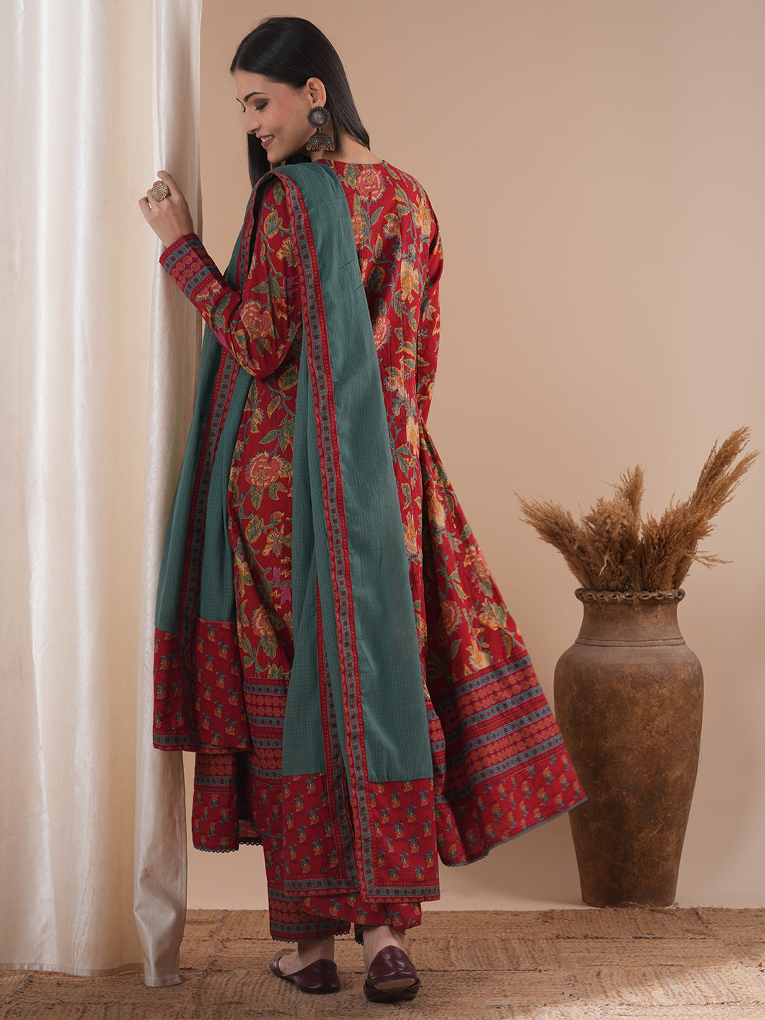 Ethnic Floral Printed Embroidered Anarkali Flared Kurta with Pant and Dupatta - Red