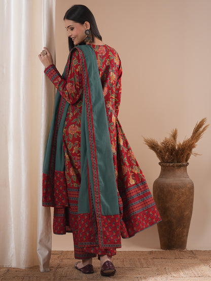Ethnic Floral Printed Embroidered Anarkali Flared Kurta with Pant and Dupatta - Red