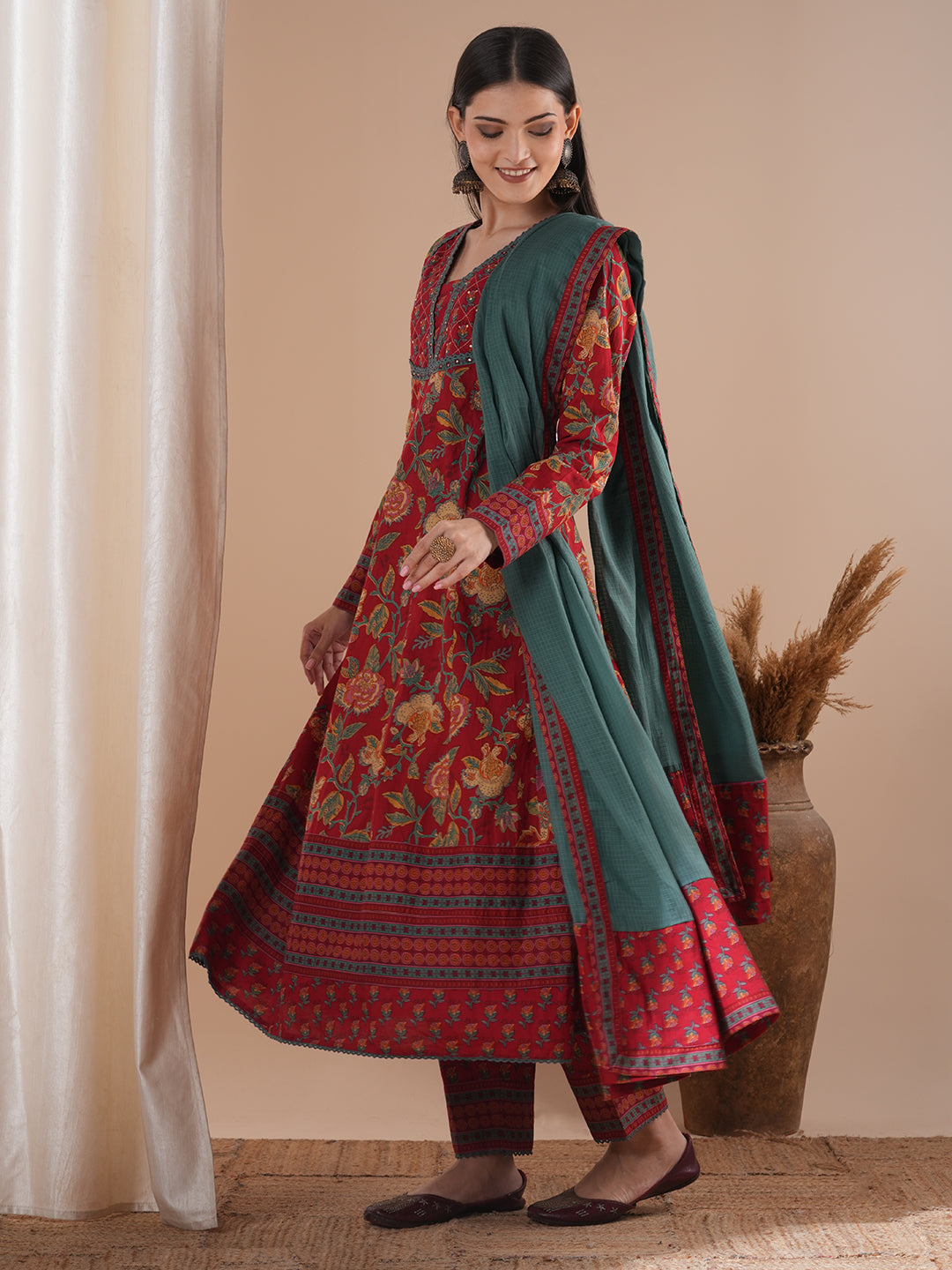 Ethnic Floral Printed Embroidered Anarkali Flared Kurta with Pant and Dupatta - Red