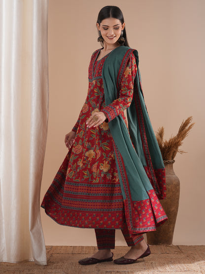 Ethnic Floral Printed Embroidered Anarkali Flared Kurta with Pant and Dupatta - Red