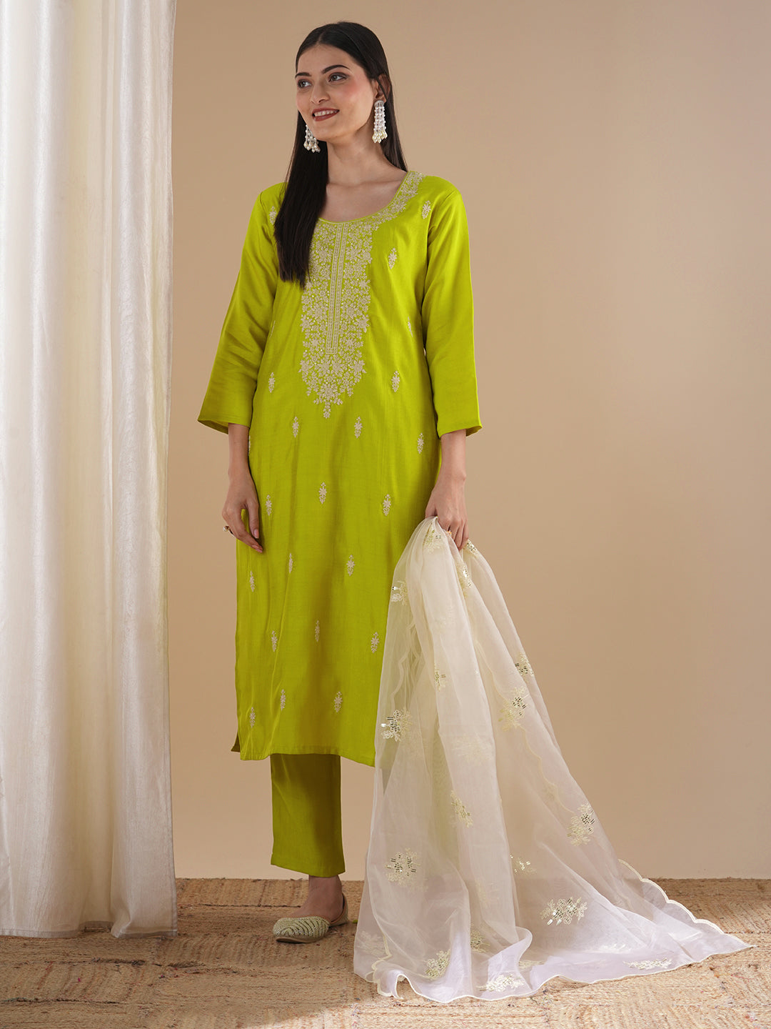 Solid Floral Embroidered Straight Kurta with Pant & Dupatta - Lime Green