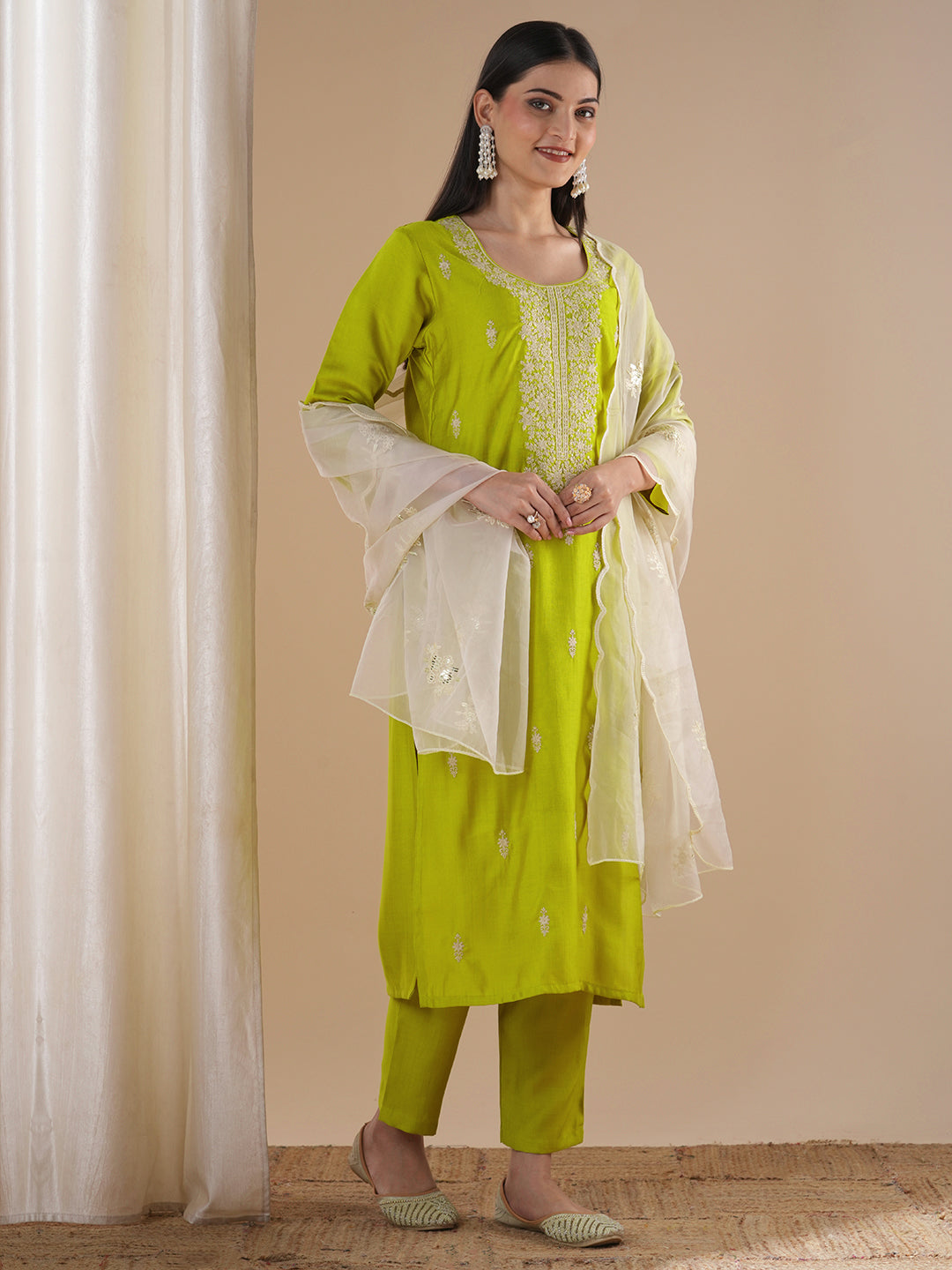 Solid Floral Embroidered Straight Kurta with Pant & Dupatta - Lime Green