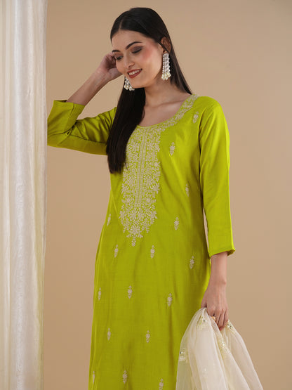 Solid Floral Embroidered Straight Kurta with Pant & Dupatta - Lime Green