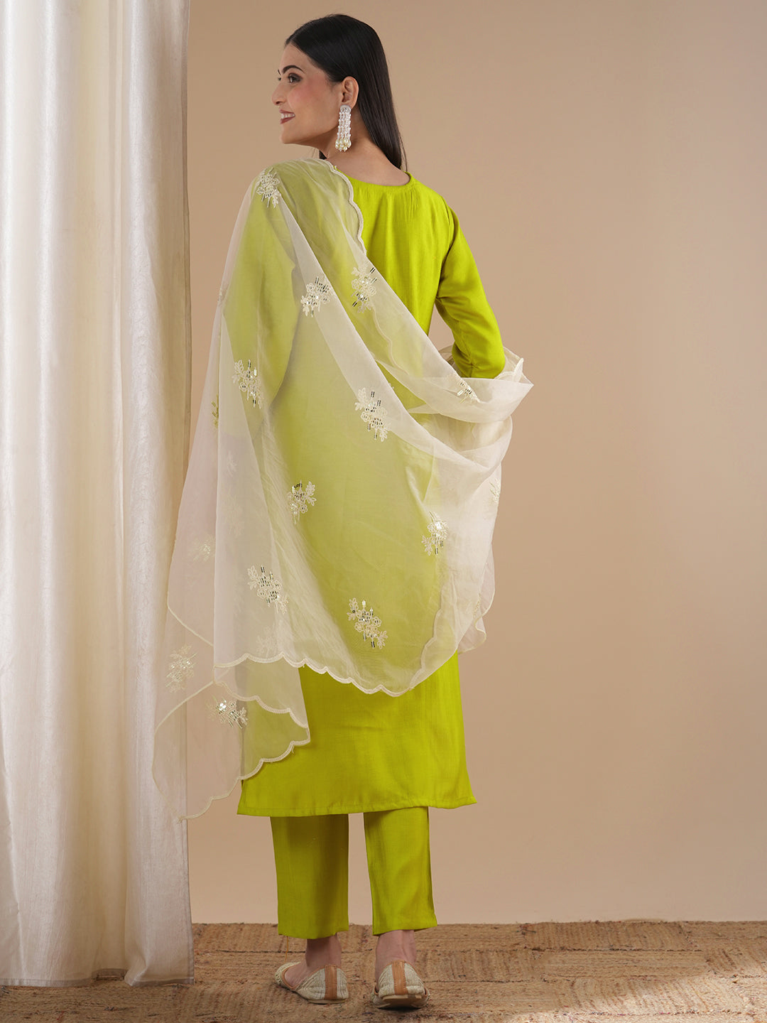 Solid Floral Embroidered Straight Kurta with Pant & Dupatta - Lime Green