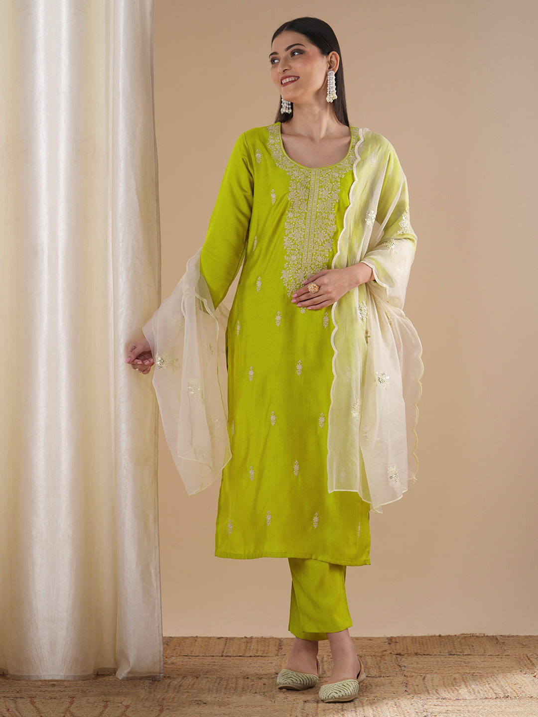 Solid Floral Embroidered Straight Kurta with Pant & Dupatta - Lime Green