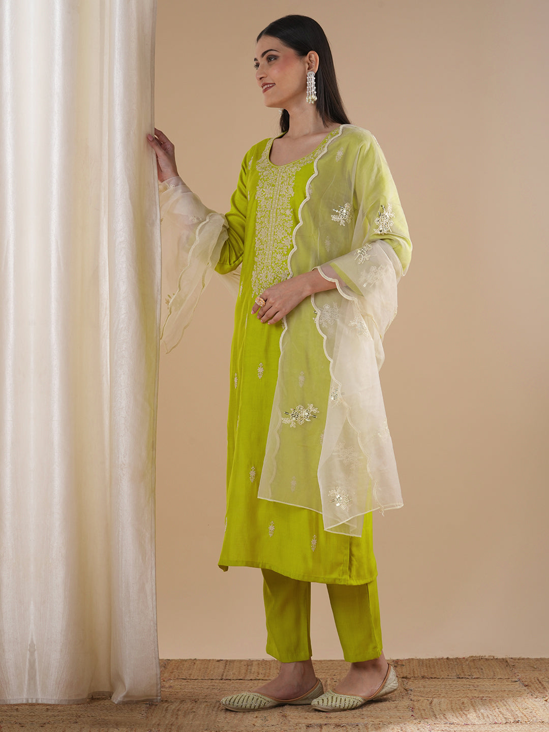 Solid Floral Embroidered Straight Kurta with Pant & Dupatta - Lime Green